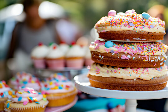 Delicious baked treats are arranged on a decorative cake stand at a vibrant bake sale, attracting attention from attendees enjoying the beautiful outdoor day