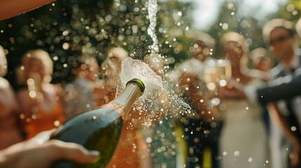 A champagne bottle is enthusiastically popped in a vibrant outdoor setting, sending sparkling liquid into the air, while guests in formal attire cheer and celebrate the occasion