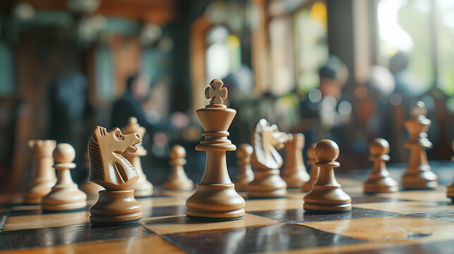 Players concentrate on their chess game while seated at a wooden table in a warm, inviting café filled with natural light
