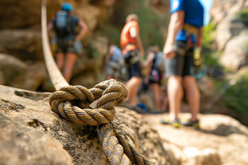 Fototapeta premium A climbing rope rests on the rocky ground, while enthusiastic climbers gather nearby, preparing for their adventure in the great outdoors under clear blue skies
