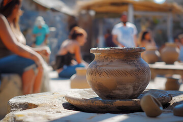 Craftspeople skillfully work with clay, creating pots in a pottery workshop. The atmosphere is vibrant with individuals engaged in various activities