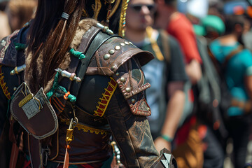 An attendee displays a detailed costume featuring fans at a lively cosplay event, surrounded by fellow participants enjoying the festive atmosphere