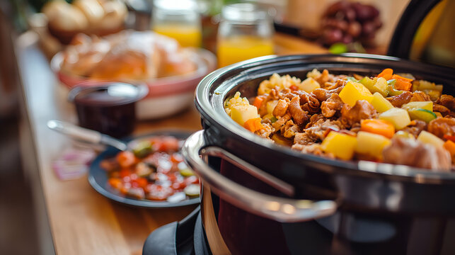 A warm, inviting potluck dinner showcases a crockpot filled with a savory stew surrounded by colorful side dishes and refreshing beverages, perfect for sharing and enjoying