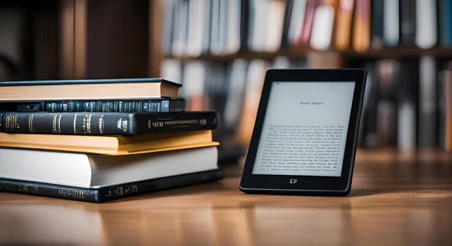 E-reader in a library. Ebook.