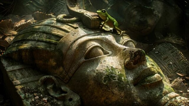 An aweinspiring ancient statue looms over a breathtaking landscape, embodying timeless grandeur and mystique