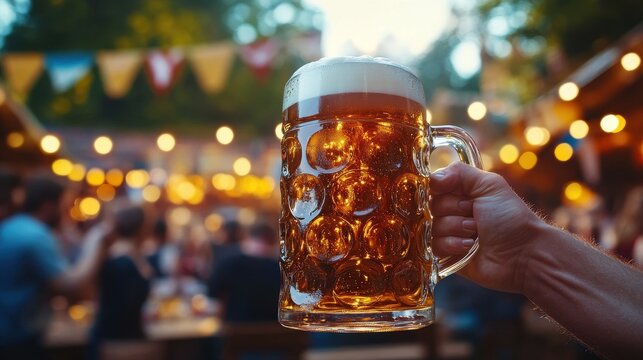 A close-up shot of a traditional Bavarian beer stein filled with frothy beer held by a person dressed in lederhosen ready to join in a toast with friends in a festive beer garden during Oktoberfest