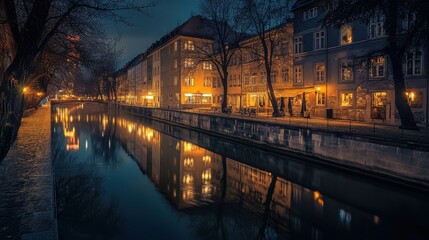 A peaceful night scene of Munich with its historic buildings softly illuminated by streetlights and the Isar River reflecting the calm cityscape above the streets are quiet and almost empty capturing