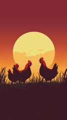 Silhouette of Two Chickens at Sunset with Orange Sky