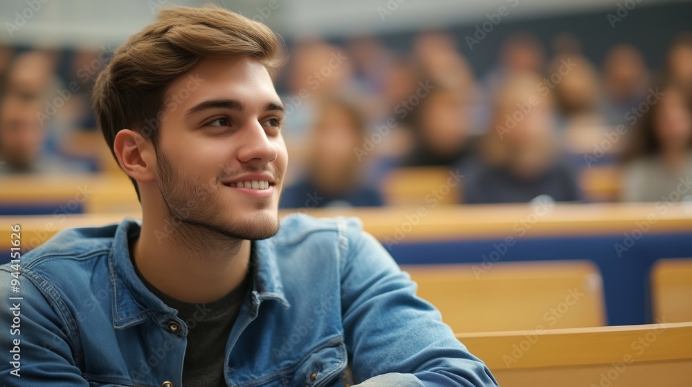Poster a young man smiling while sitting in a lecture hall during a university class on a sunny day