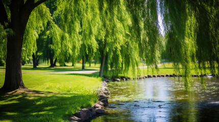 Fototapeta premium Weeping Willow Over a Tranquil Lake: Serene Summer Landscape