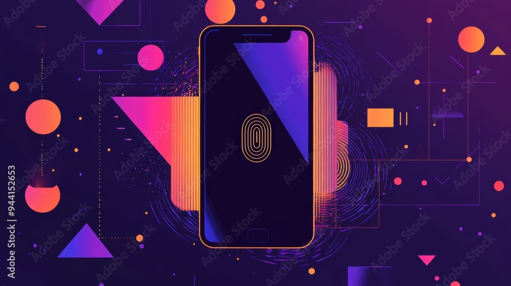 Poster Abstract smartphone with a fingerprint icon on screen representing biometric security. Symbolizes modern authentication.
