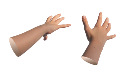 Reaching, catching, stretching out to something, POV. Kids hand sign isolated on white background.