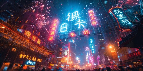 Neon Lights and Fireworks Illuminate a Vibrant Night Market