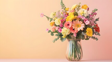 Fototapeta premium A vibrant bouquet of mixed flowers arranged in a clear glass vase, set against a light pastel color background, showcasing delicate petals and lush greenery