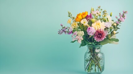 Naklejka premium A vibrant bouquet of mixed flowers arranged in a clear glass vase, set against a light pastel color background, showcasing delicate petals and lush greenery