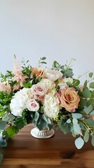 An elegant floral centerpiece on a wooden table, surrounded by greenery, with a light solid color backdrop to emphasize the arrangement