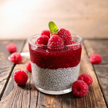 Delicious chia pudding with raspberries and mint 
