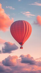 Obraz premium A hot air balloon ascending into the sky at sunrise, surrounded by soft clouds and warm colors