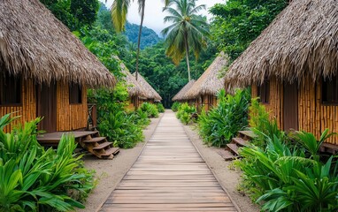 Tranquil tropical resort with bamboo huts and lush greenery along a wooden walkway, perfect for a...