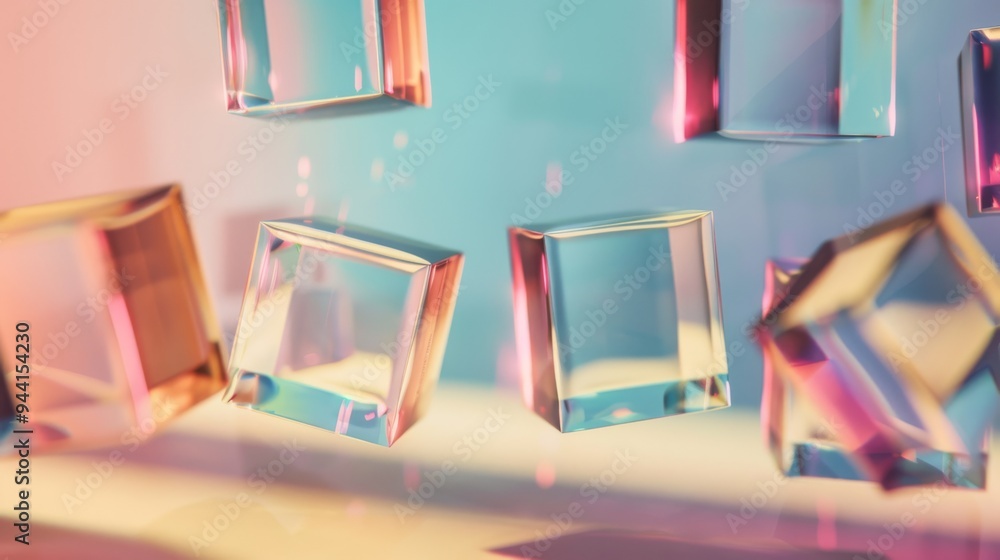 Poster Dynamic composition of translucent cubes suspended in mid-air with soft shadows and a smooth pastel backdrop