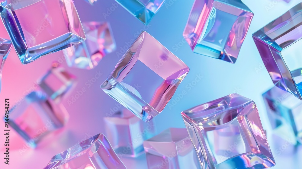 Poster Dynamic composition of translucent cubes suspended in mid-air with soft shadows and a smooth pastel backdrop