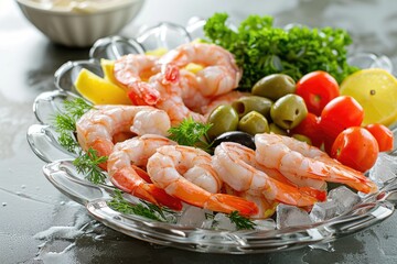 glass plate with shrimps, olives and vegetables on ice