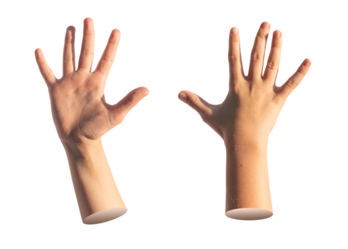 Kid s hand gesture showing hi, waving, greeting, isolated on white background.