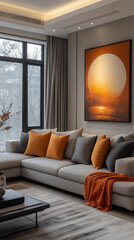 Fototapeta premium Modern Living Room Apartment Poster with Grey Sofa and Art Canvas in Flat Shading