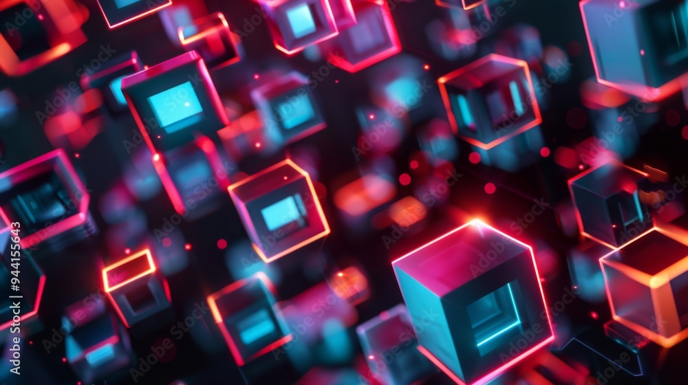 Poster Energetic pattern of floating, neon-lit cubes creating an abstract, futuristic atmosphere against a dark background