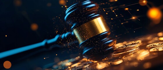 Vibrant gavel, floating cryptocurrency coins, legal and financial integration, modern digital justice