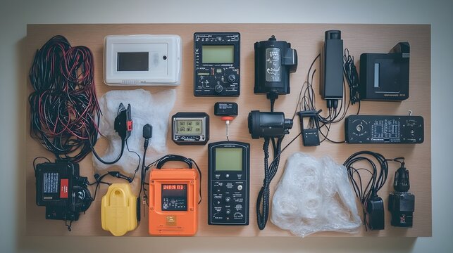 A close-up of ghost hunting equipment laid out on a wooden table, including EMF meters and spirit boxes against a light solid color background