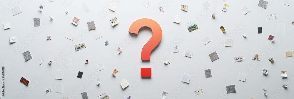 Aufkleber large red-orange question mark with small papers scattered around on a white surface. conceptual ima