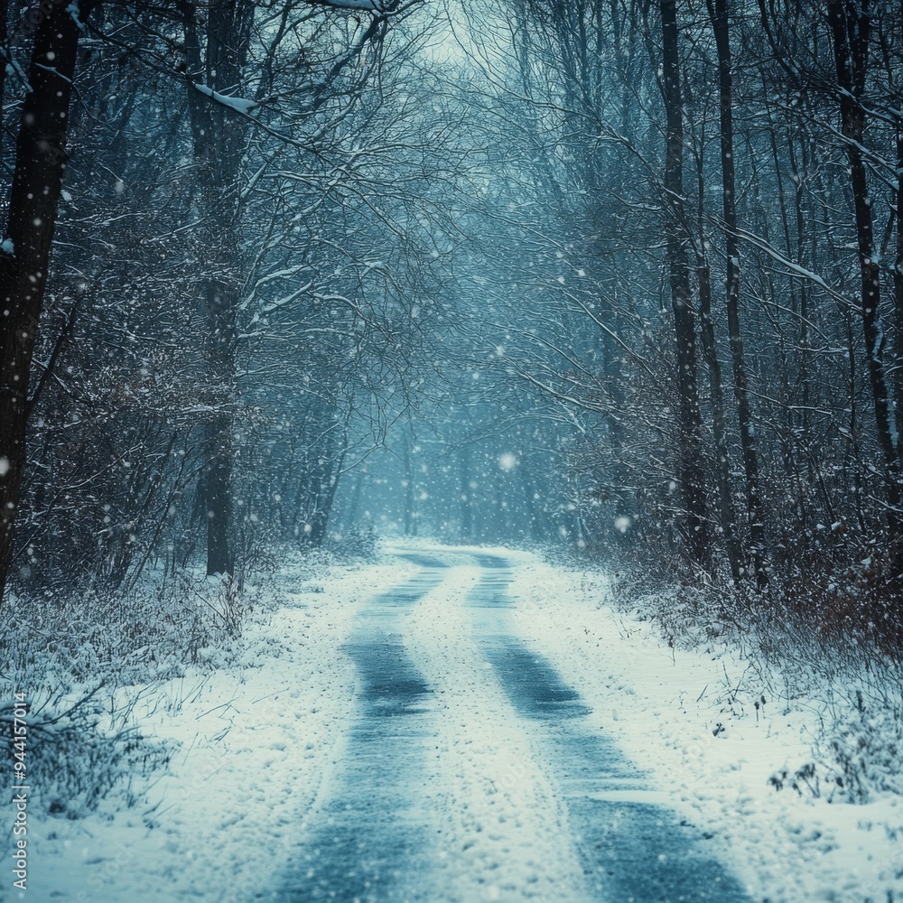 Aufkleber frozen road through a dense winter forest with snow clinging to the branches and a subtle snowfall i