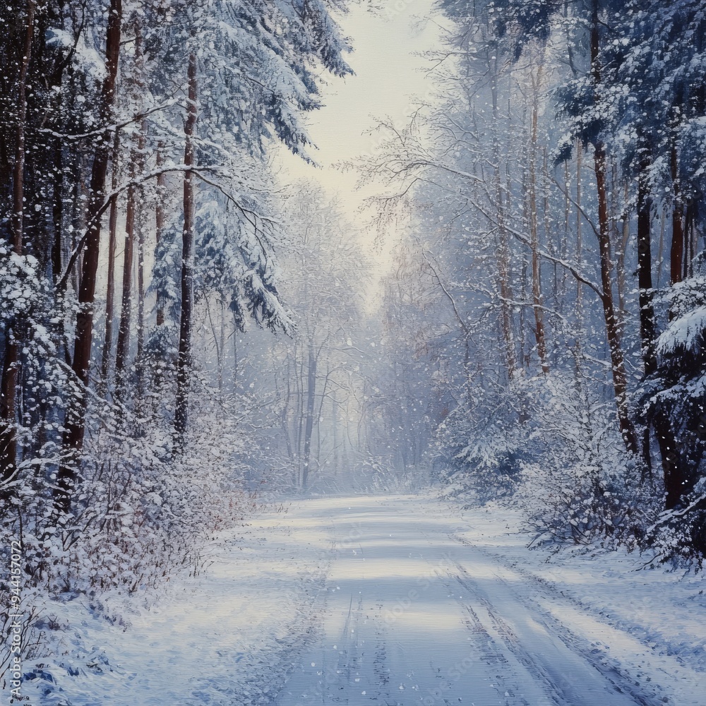 Aufkleber frozen road through a dense winter forest with snow clinging to the branches and a subtle snowfall i