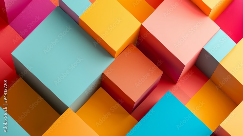 Fototapete geometric background with overlapping cubes in bright colors and varying opacities on a minimalist s