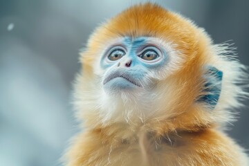 a young, cute Golden snub-nosed monkey looking up with wide, innocent eyes