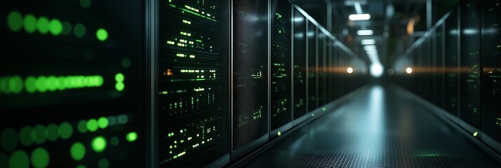 Long corridor in a modern data center with server racks and green lights indicating active operations.