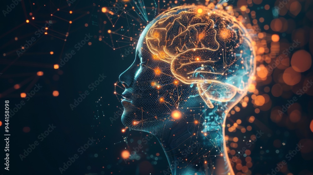 Poster Human head with a brain illuminated by high-tech light effects, creating a futuristic ambiance with sleek, abstract background elements