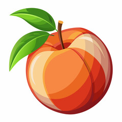 A Single Peach with Green Leaves on a White Background