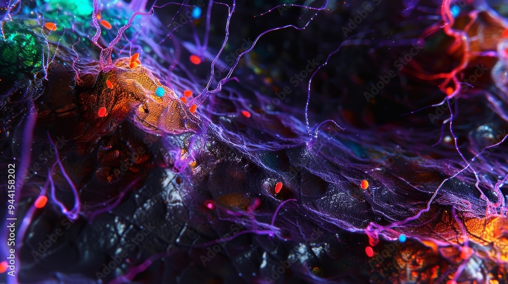 Poster hyper-detailed synapse activity, colorful neuron signals