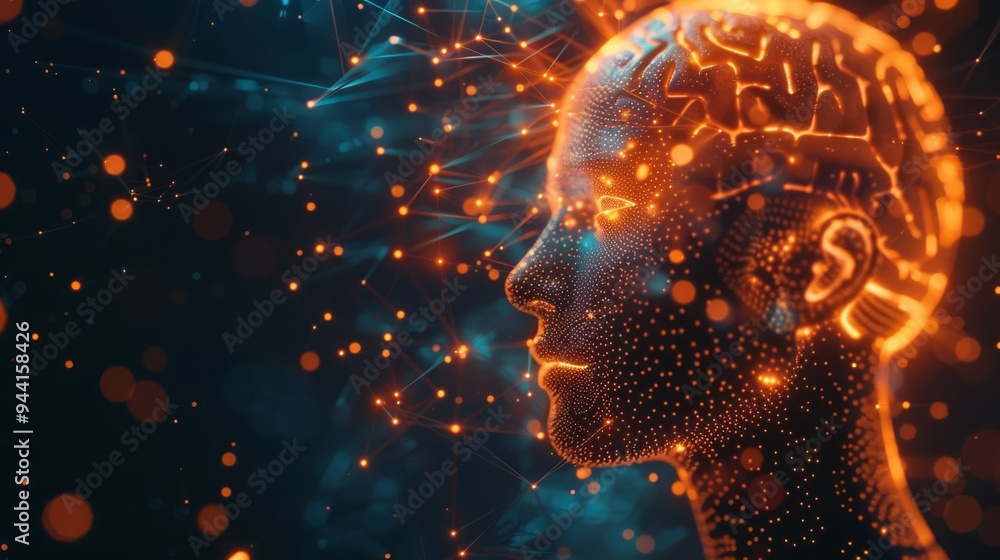 Poster human head with a brain lit up by radiant lights and complex geometric shapes in the background, evo