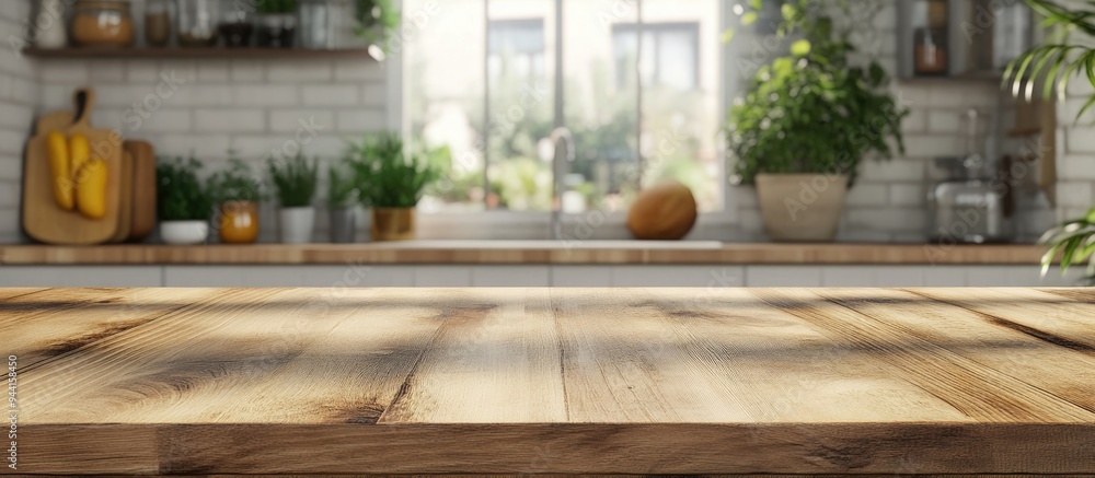 Poster 3d rendering of a product display space on a wooden table top with a blurred kitchen counter backgro