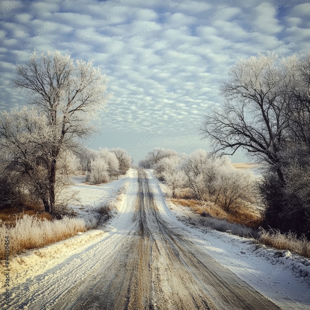 Aufkleber icy road with a light layer of snow, surrounded by frosted trees and a cloudy, winter sky