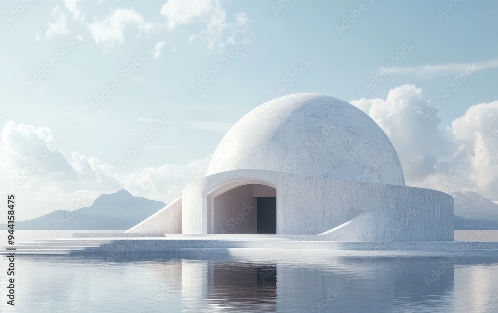 Poster 3d rendering of a building featuring a dome architecture