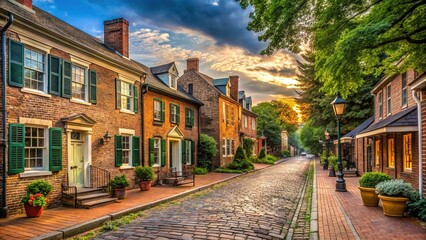 Naklejka premium Historic Charm of Cranford: Vintage, Brick, Cobblestone, Quaint, Nostalgic