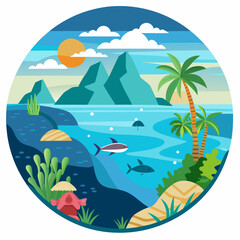 Fototapeta na wymiar Tropical Ocean Scene with Mountains, Palm Trees, and Fish