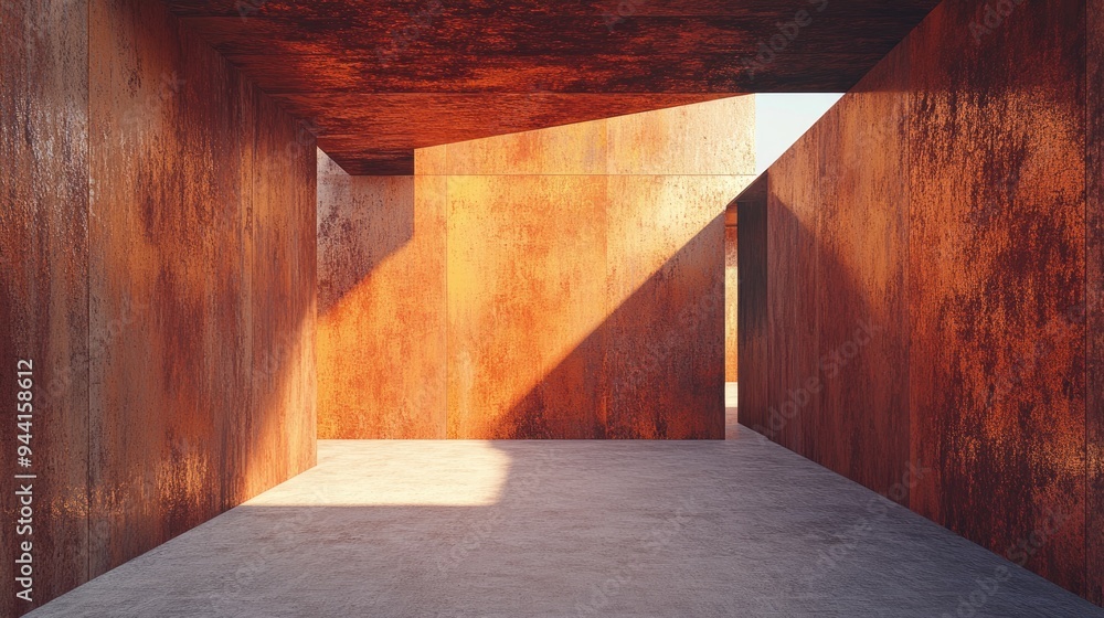Poster 3d rendering of an abstract interior space featuring rusty metal sheets as part of the architectural