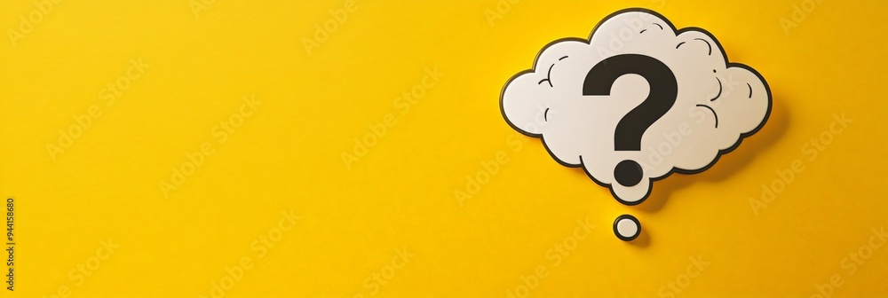 Poster Thought bubble with question mark on yellow background symbolizing inquiry and curiosity.