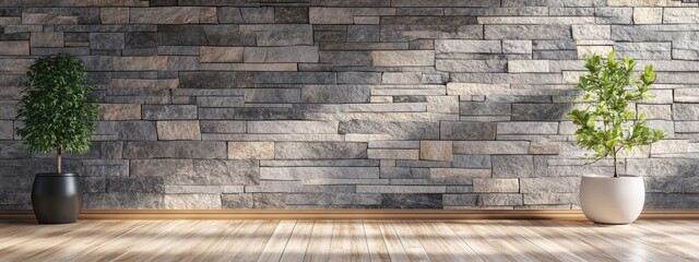 3D rendering of an empty living room interior featuring wooden flooring and a stone wall designed as a decorative backdrop for home office or bedroom settings