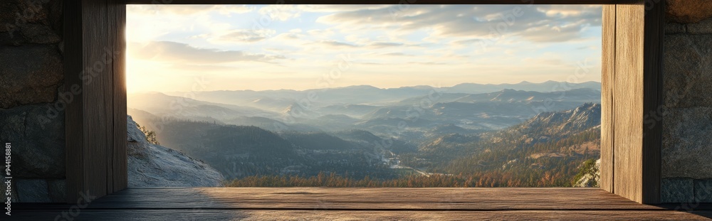 Poster 3d rendering of a landscape view through a window at a lookout tower